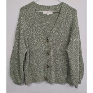 Loft Women's Olive Green & White Cardigan Sweater Open Front Button Up Size XL